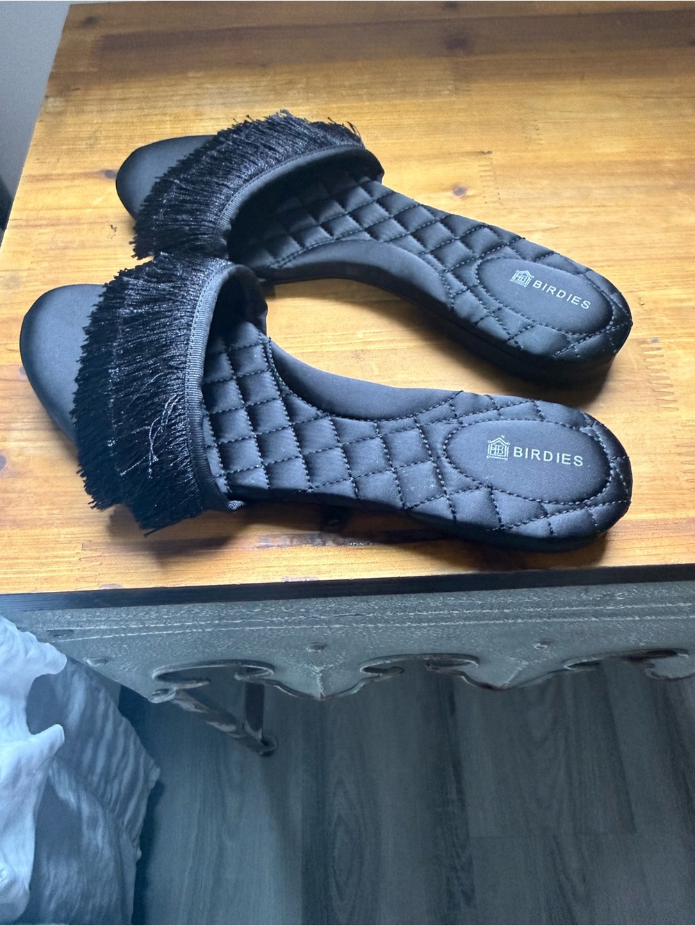 Birdies Black Quilted Fringe Slide Mules